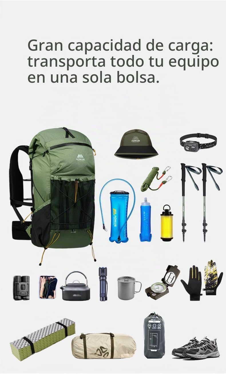 AONIJIE Mochila de gran capacidad de 42L para escalada al aire libre, camping, senderismo, trekking, montañismo, Negro , L, Diseñador