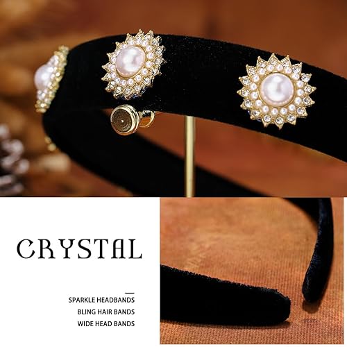 Miniatura 4 de Coridy Diadema barroca negra con diamantes de imitación, diadema con cuentas para el cabello, hecha a mano, de terciopelo, banda ancha para la