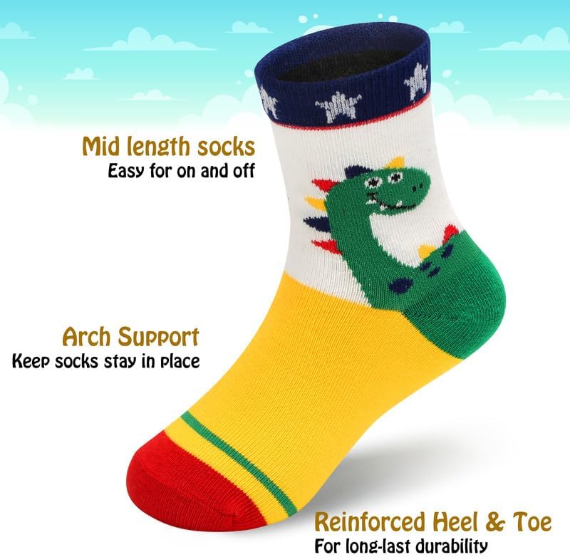 Padgene 10 Pairs Kids Boys Fun Novelty Socks Toddler None Slip Cotton Crew Dress Socks Cartoon Dinosaur Car Shark Stripes - Image 7