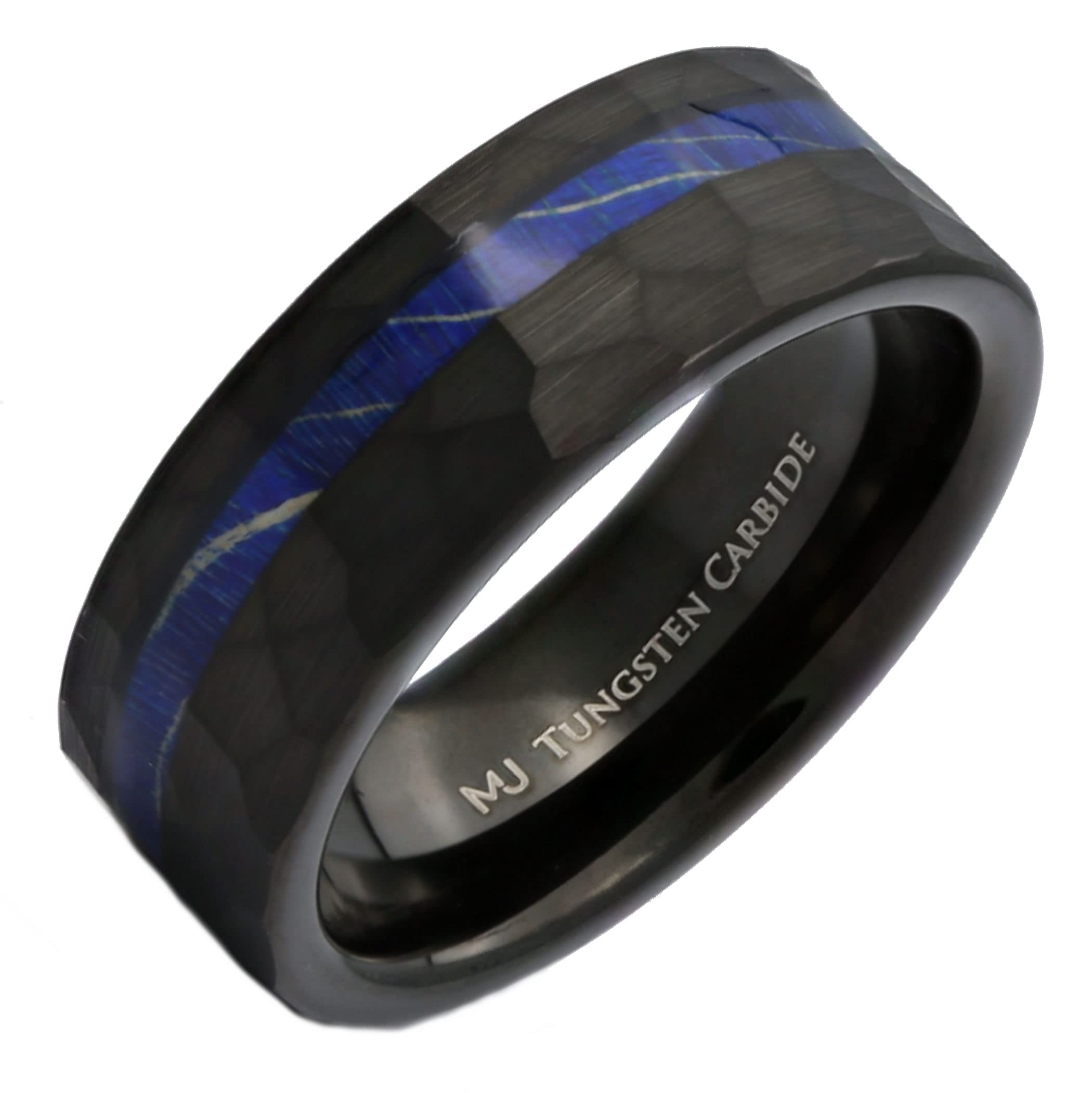 MJ Metals JewelryTungsten Carbide 8mm Hammered or Black Hammered with a Blue Wood Inlay and Brushed Finish Wedding Band, Comfort Fit Ring
