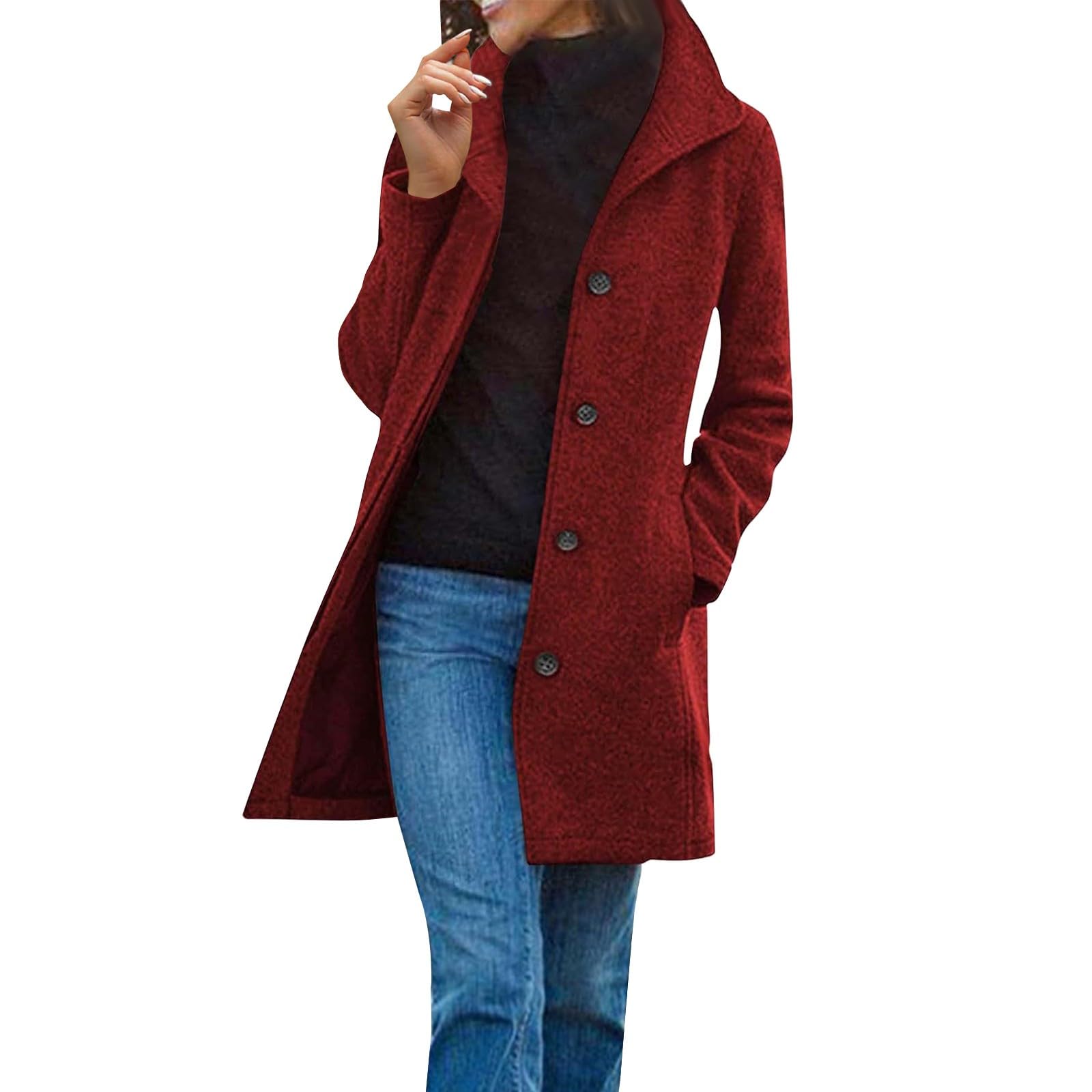 Wollmantel Damen Lang Mantel Winter Wintermantel Elegant Damenmantel Einfarbig Übergangsjacken Leichte Winterjacke Mit Taschen Wolljacke Mit Knöpfen Stehkragen Jacke Warm Freizeitjacke Casual