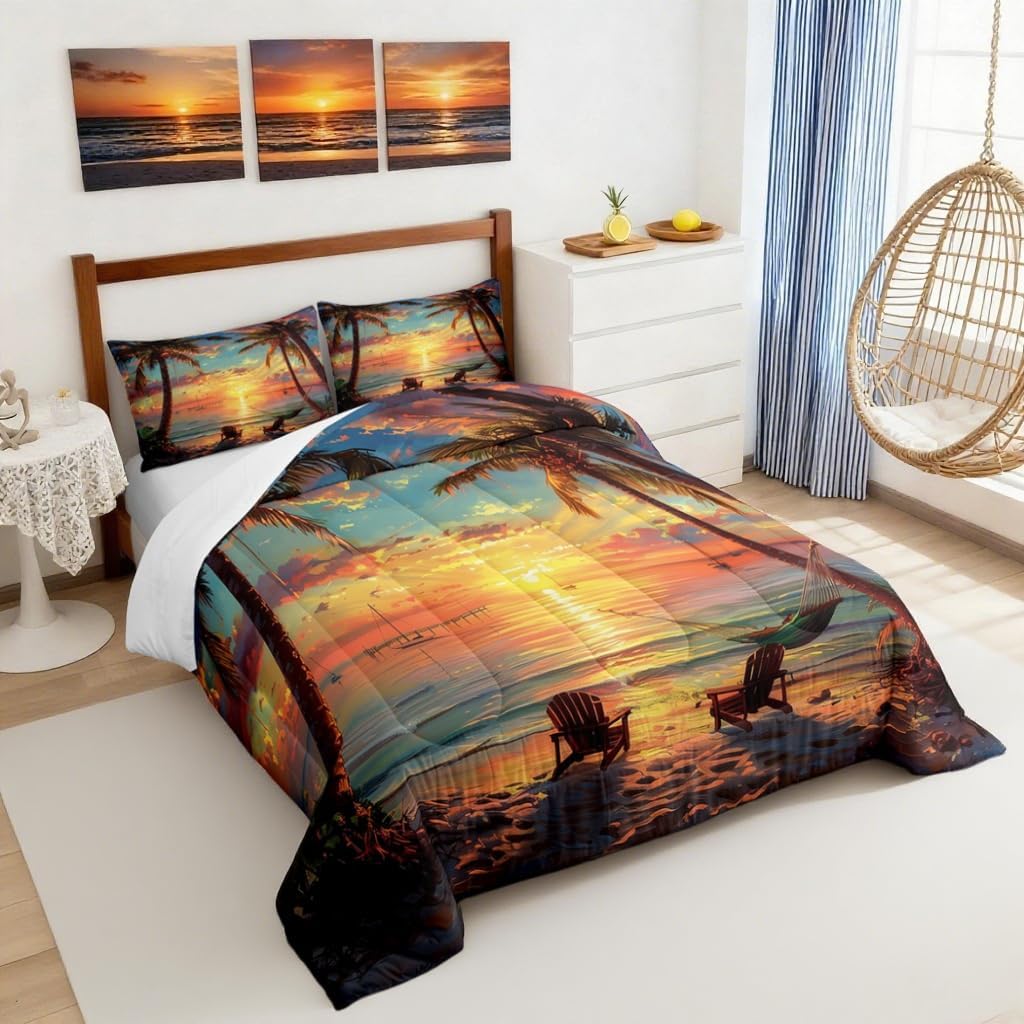 Tropical Sunset Palm Tree Bedding Comforter Sets Full,Ocean Sunset Coastal Beach Bedding Set for Bedroom Decoration,Watercolor Seaside Landscape with 1 Comforter and 2 Pillow Cases Bedroom Decor