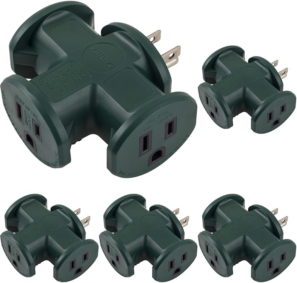 Philips 3-Outlet Extender, T-Shaped Adapter Spaced, Grounded Wall Tap, 3-Prong, Multiple Plug, Power Splitter, Cruise Essentials, for Home Office School Dorm Garage, Green, SPS1630G/37 (Pack of 5)