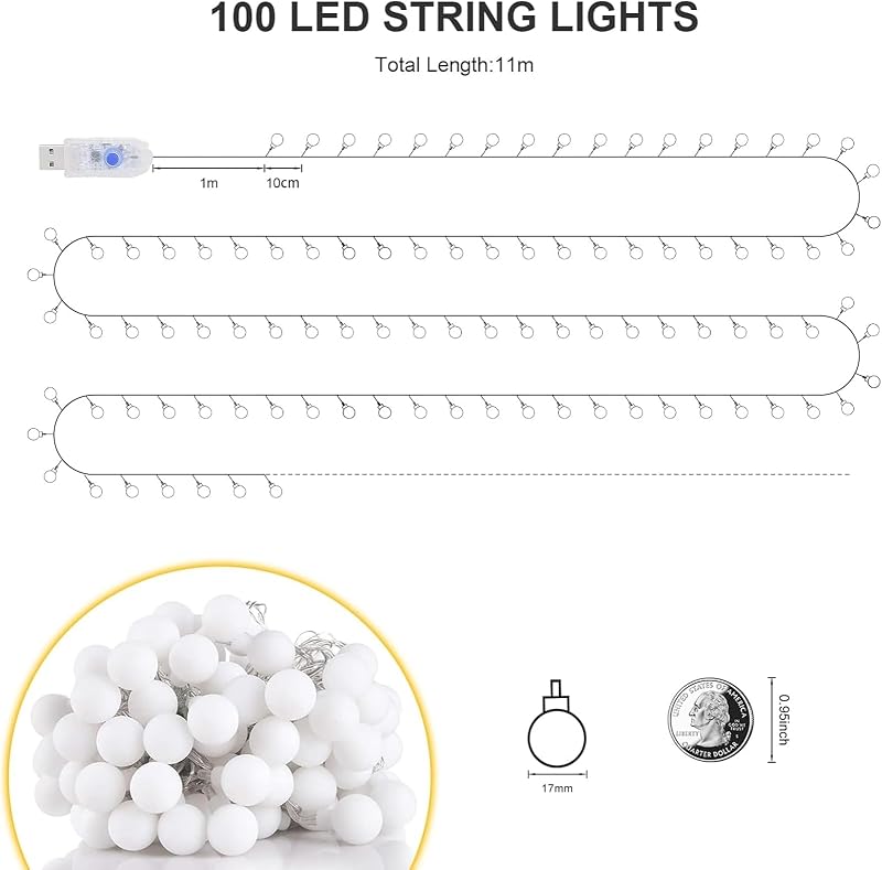 Bigzom LED Gömbfüzér 100 LED Meleg Fehér Fénnyel - 11m USB Fényfüzér Távirányítóval, 8 Világítási Móddal, Időzítővel - Kültéri/Beltéri Dekor
