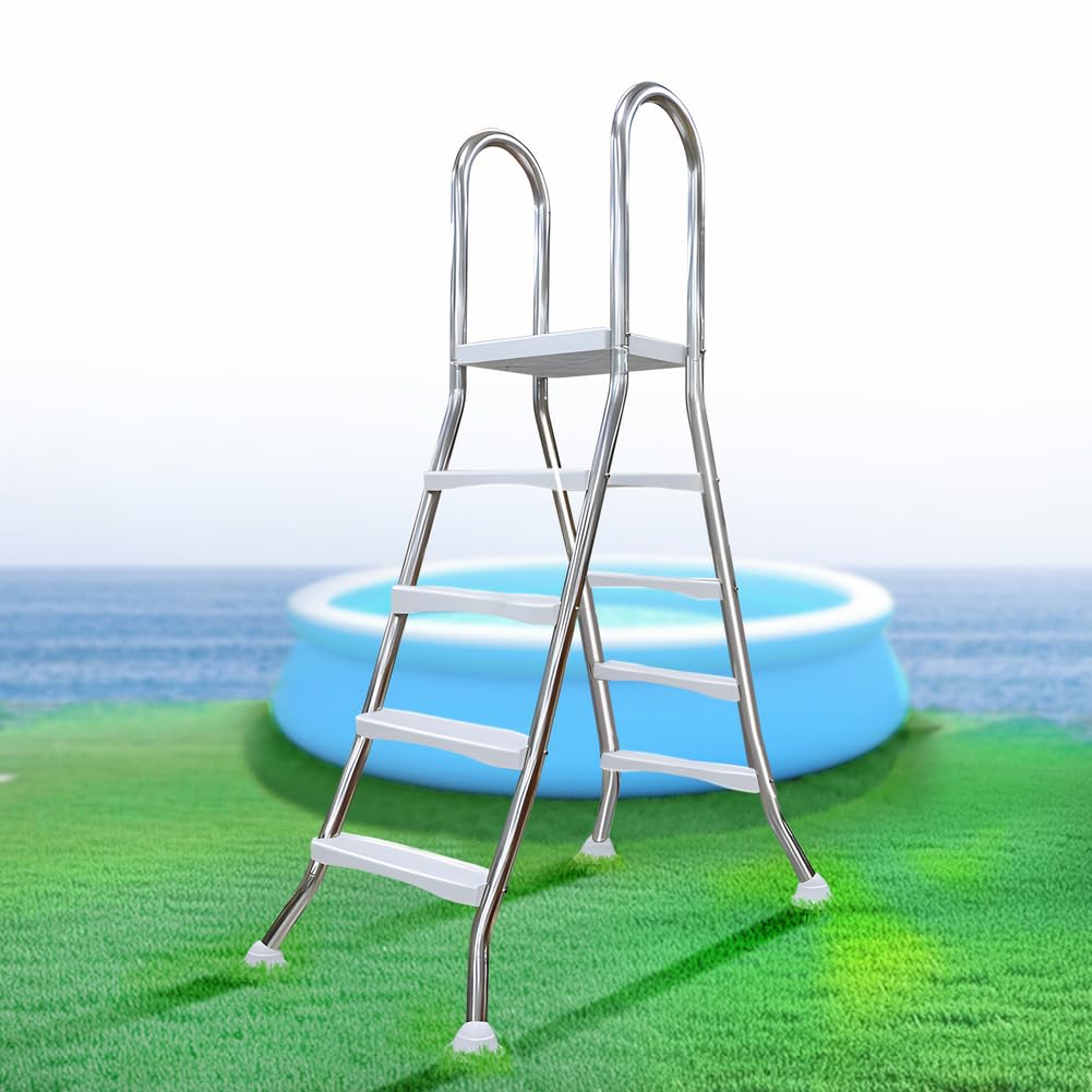 4 Stufige Poolleiter Edelstahl, Pooltreppe für Aufstellpool, Poolleiter 132 cm Poolhöhe, Pool Treppe, Poolstufen für Aufstellpools, Schwimmbadleiter Poolleitern 250 kg Tragkraft