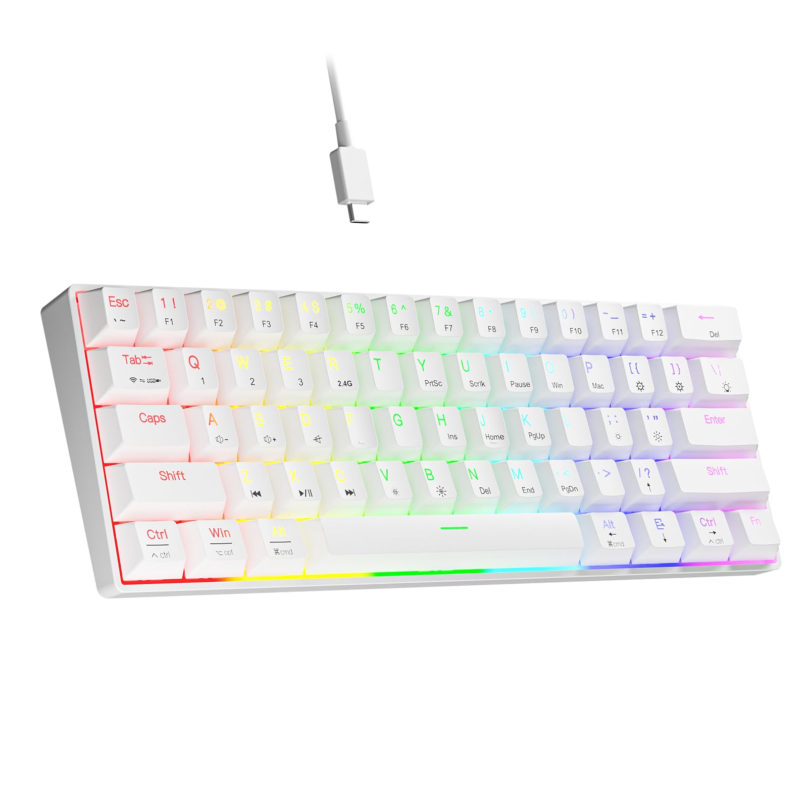 Newmen GM610 60% Wireless Mechanical Gaming Keyboard,Wired/Bluetooth/2.4G Keyboard,RGB Backlit,61 Anti-Ghosting Keys,Programmable,Hot-Swappable,for Windows Mac Android (White/Red Switch)