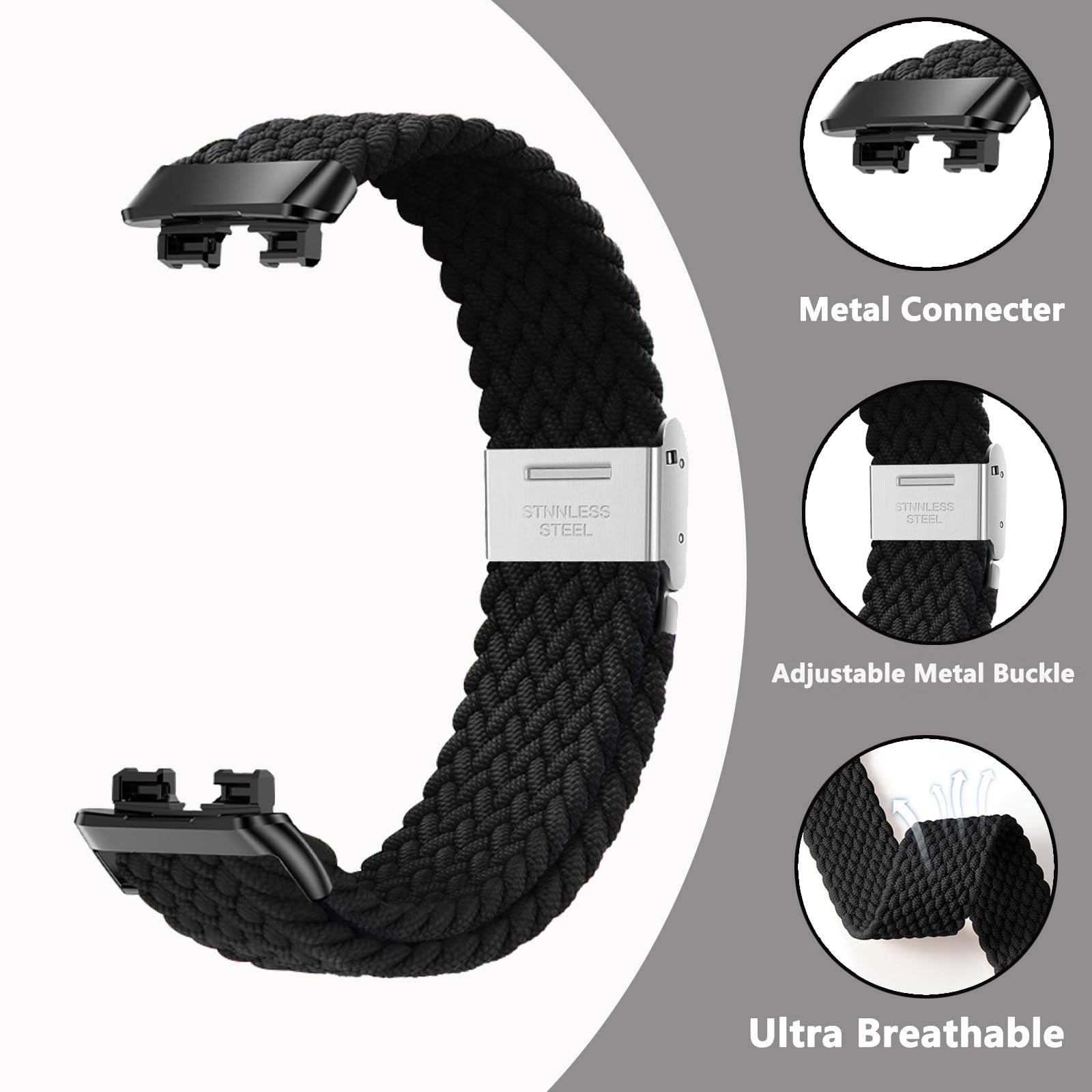SUGARJAR Braided Straps For Huawei Band 8/9/10,Elastic Sports Replacement Strap for Women and Men, Black, 5.5"-8.5" (140MM-215MM) - Image 2