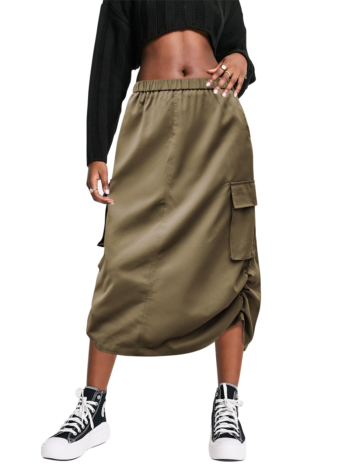 FARORO Y2k Cargo Long Skirts for Women Trendy - High Waisted Vintage Slit Midi Skirt with Flap Pockets