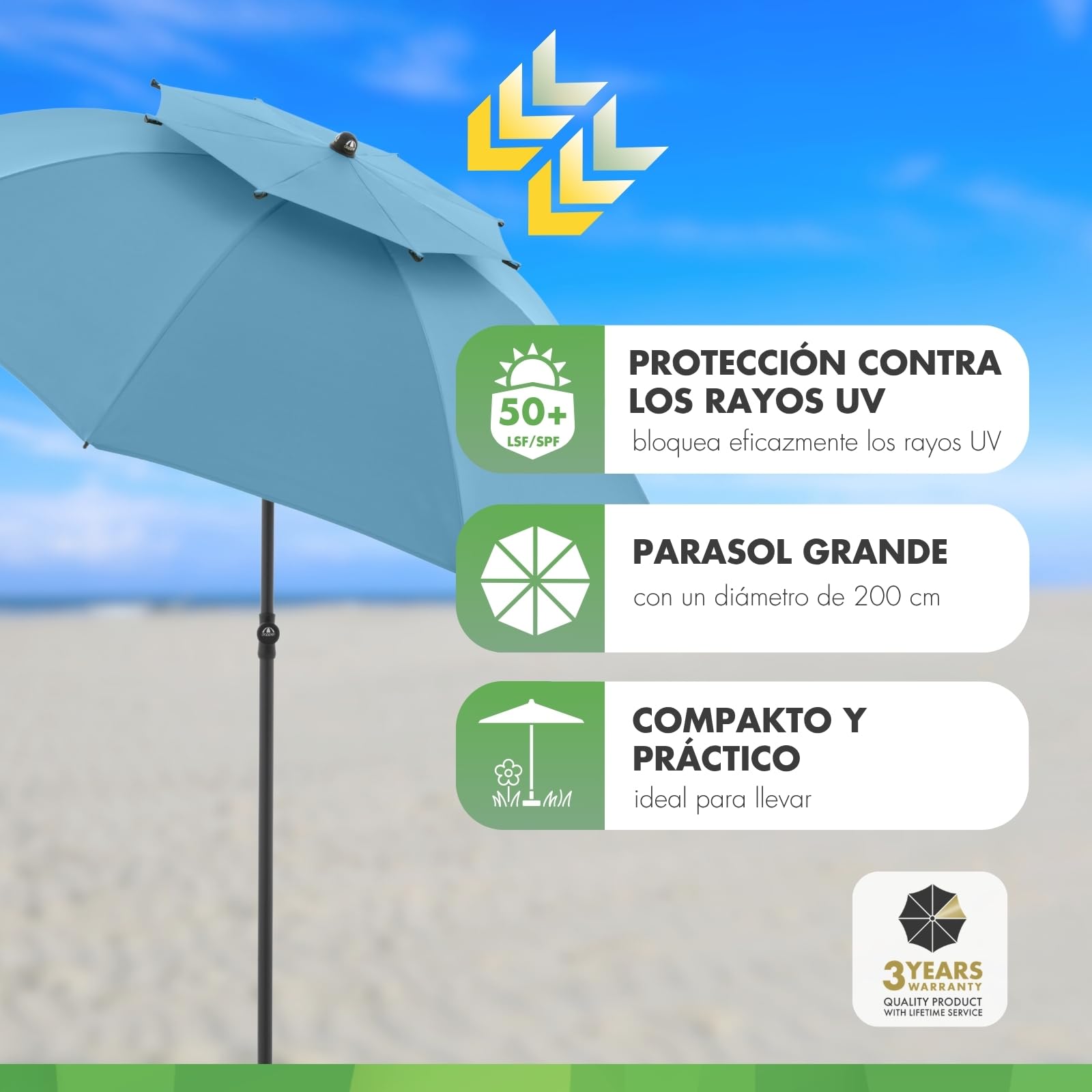 derby Sombrilla de 200 cm, sombrilla para playa, balcón y terraza, altura regulable, con protección UV, parasol plegable, para playa y piscina al aire libre
