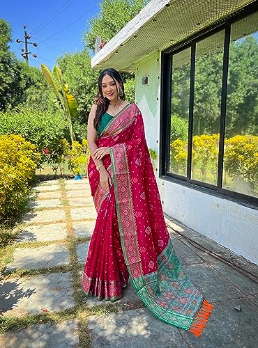 Image of Panzora Women's Patola Silk Meenakari Work Saree With Unstitched Blouse Piece