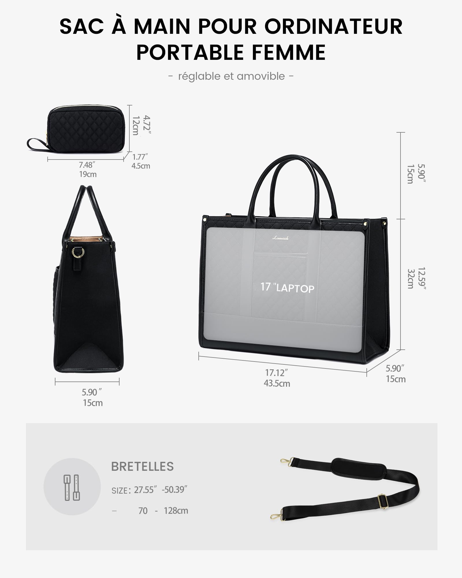 LOVEVOOK Sac Cabas Femme, Grand Sac à Main Sacs Ordinateur, PU Cuir Imperméable Tote Bag Les Cours Lycee Sac Bandoulière portés épaule Travail Etudiante Affaires
