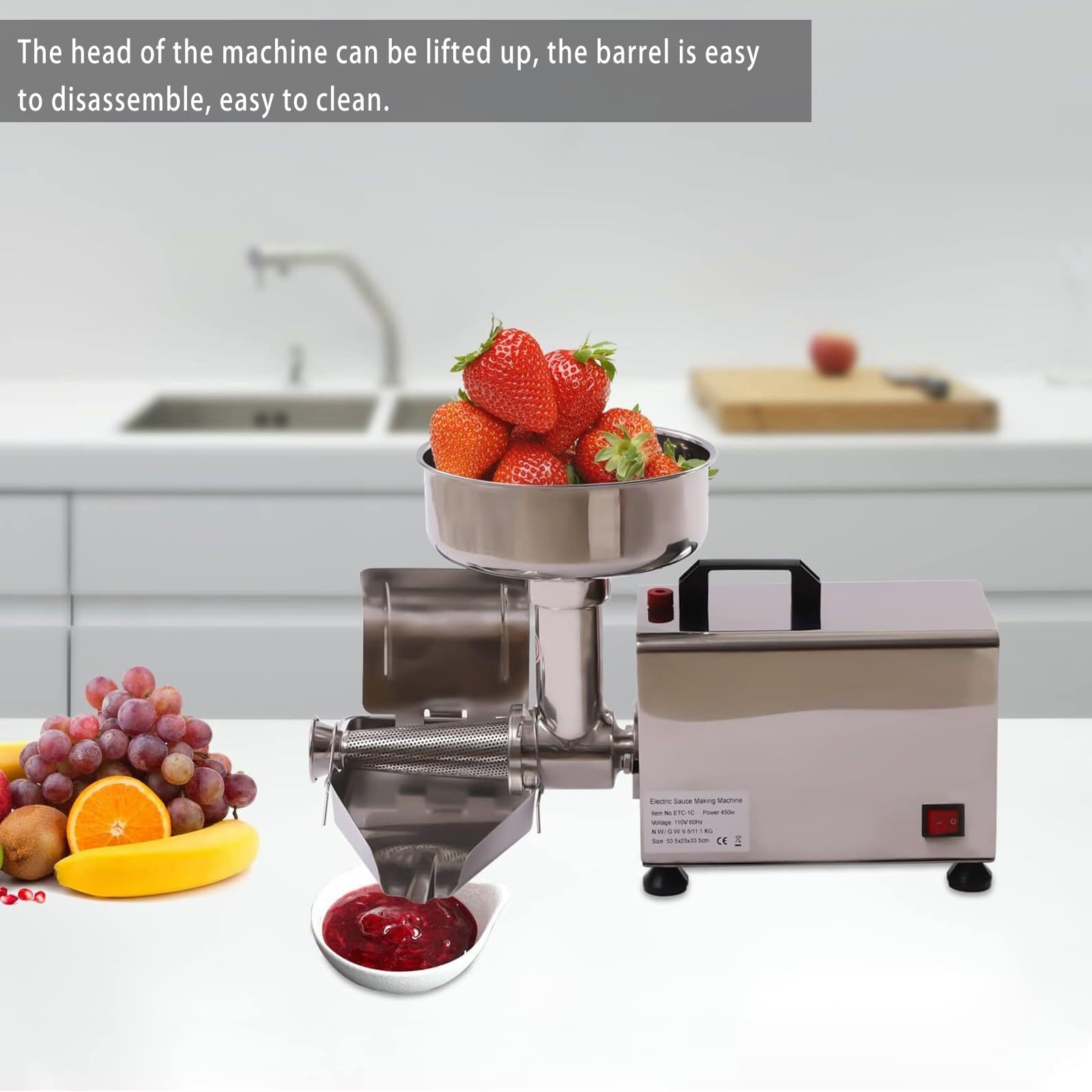 Passapomodoro Professionale, passapomodoro Elettrico da 450 W, 150 kg/h, Secchio Rimovibile, spremiagrumi in Acciaio Inox per Conserve di pomodori, Puree e Salse