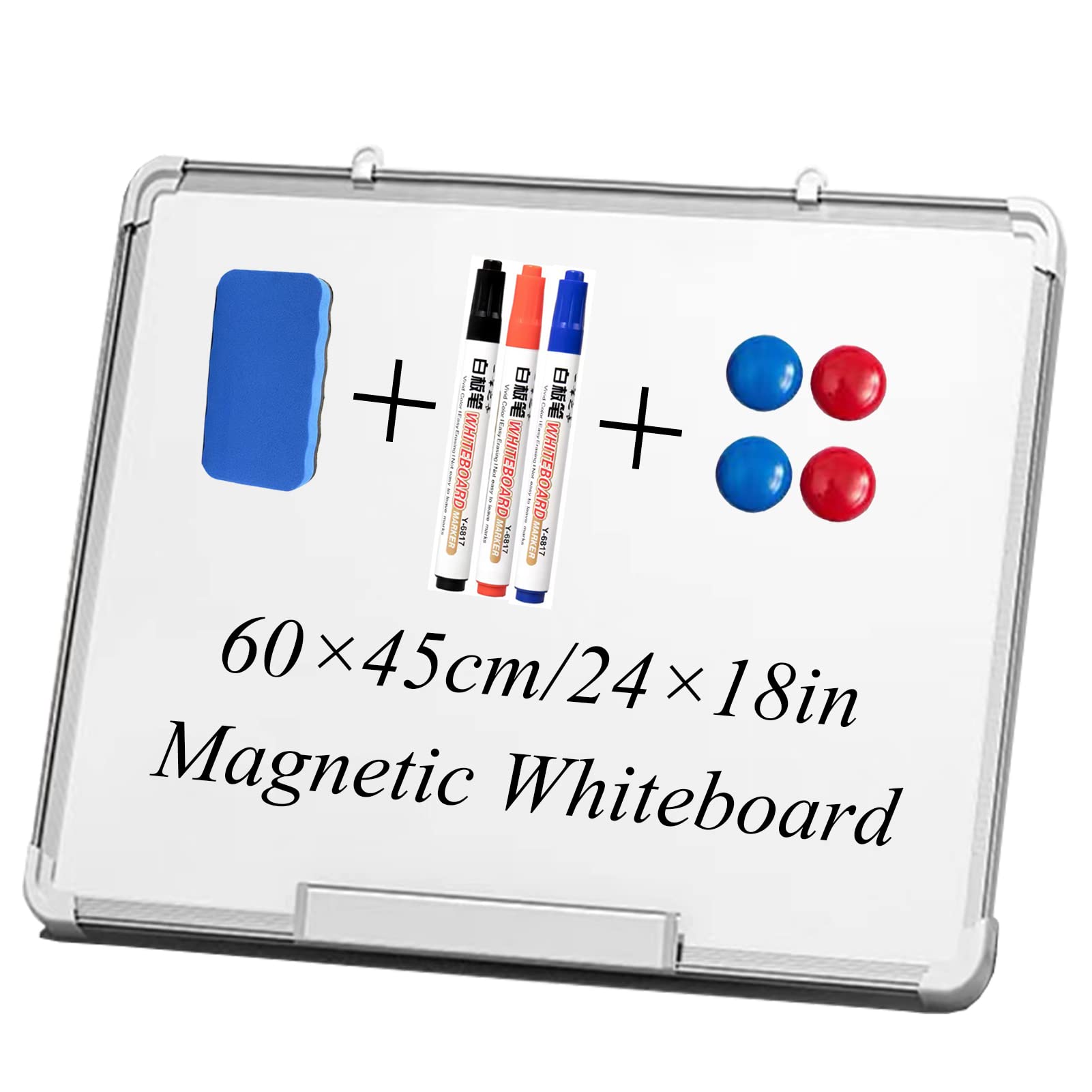 Qiccijoo Double-Sided Magnetic Whiteboard Set, 60*45cm/24*18 Inches, Dry Erase Board with 1 Magnetic Dry Eraser, 3 Dry Erase Markers and 4 Push Pin Magnets