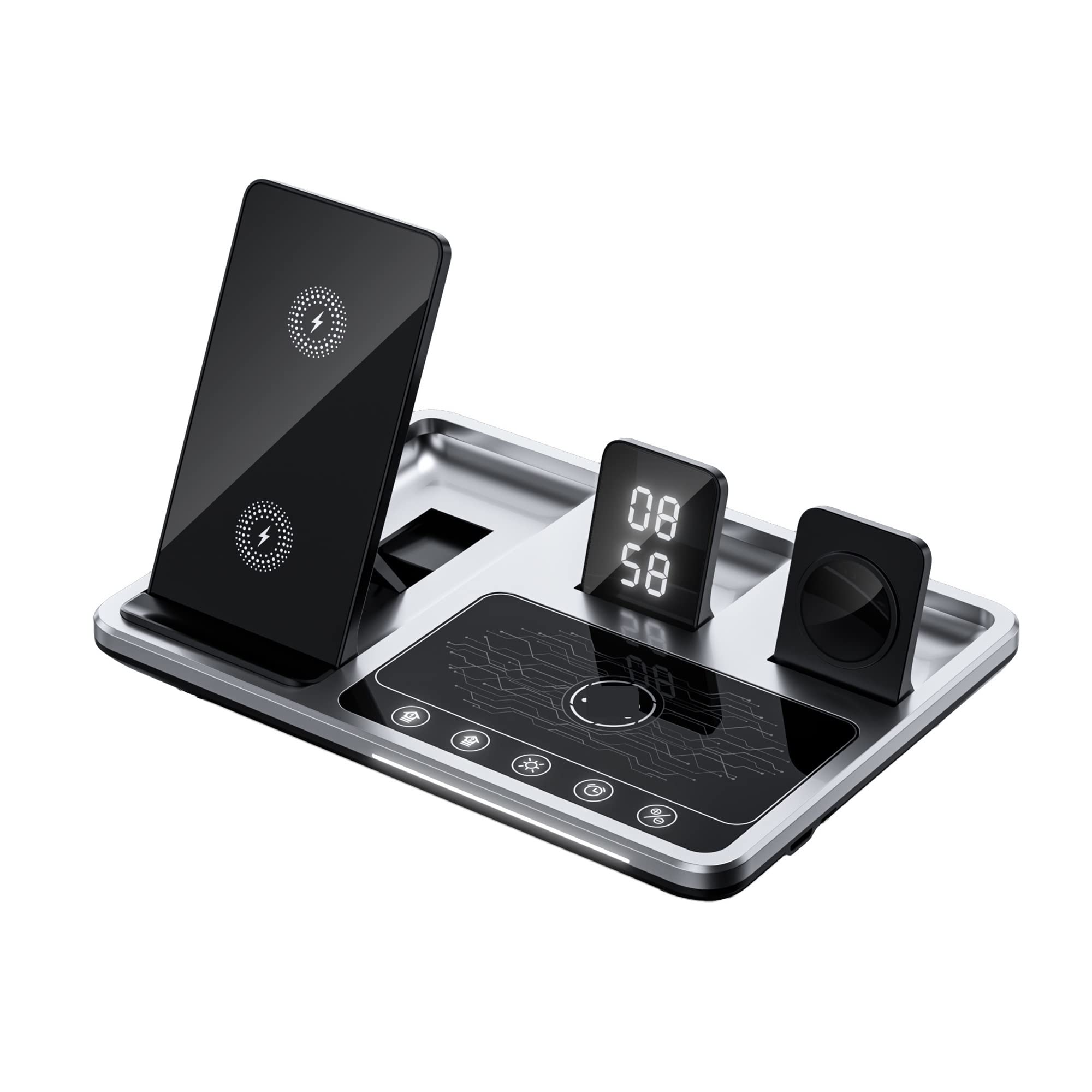 Ładowarka bezprzewodowa, Bezprzewodowa ładowarka 4 w 1 Stojak Alarm Czujnik dotykowy Wielofunkcyjny do telefonu Zegarek Słuchawki Stacja szybkiego ładowania 30w(Touch Sensor Version)