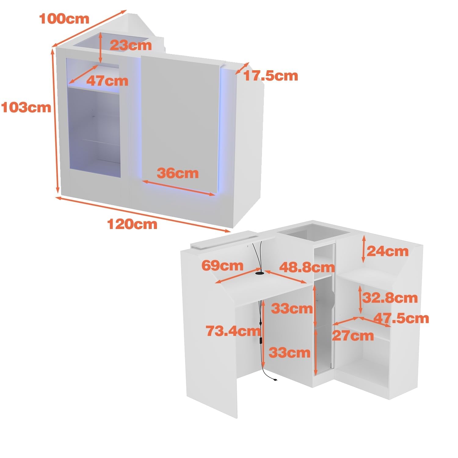 Tavolo di ricezione angolare con cassetto della tastiera, cassetta L con 3 luci colorate, bancone con vetrina in vetro, tavolo reception, bancone