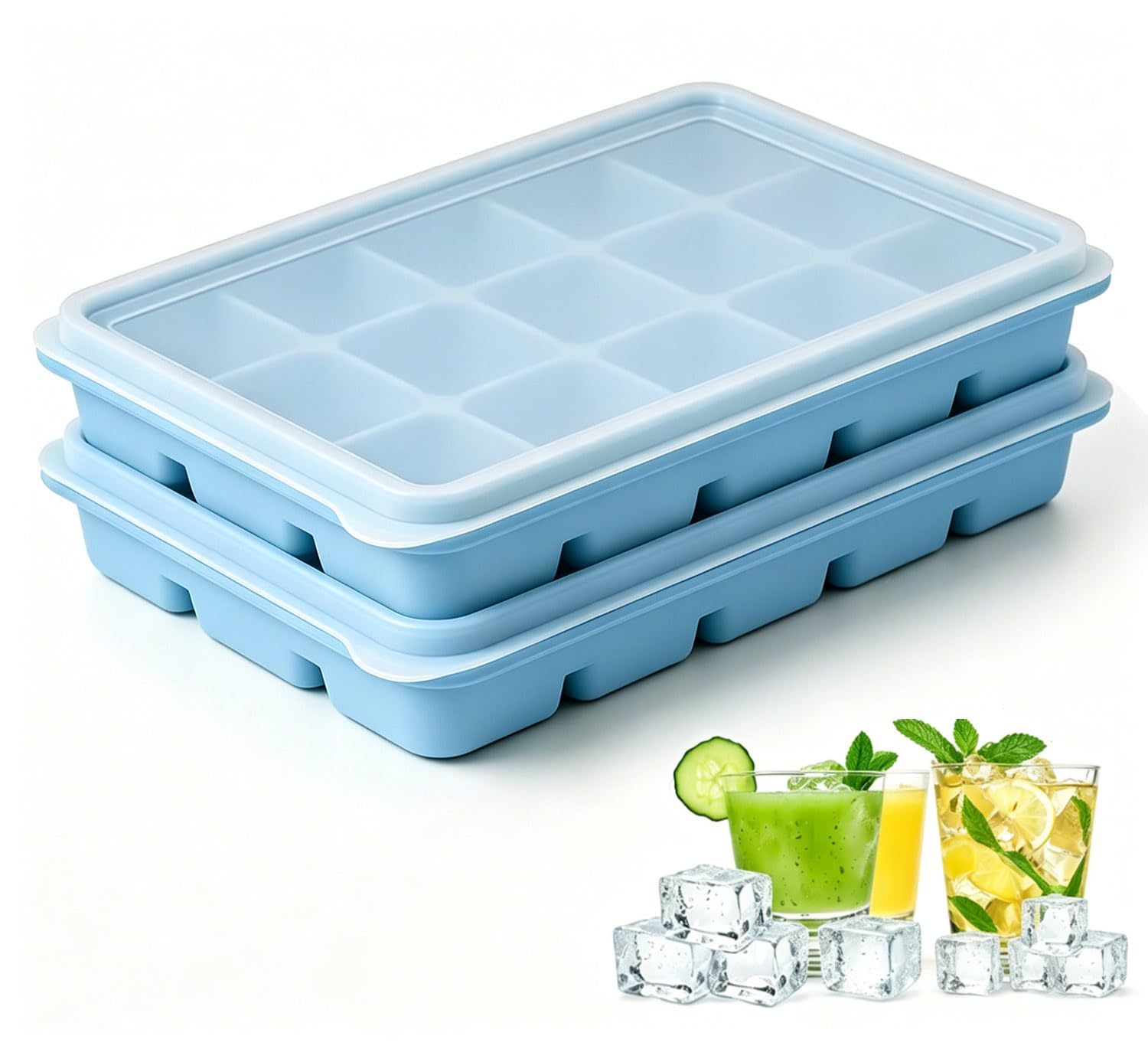 Azxb Ice Cube Trays with Lid, 2 Packs 30 Cubes Durable Stackable Flexible Silicone Ice Cube Trays for Freezer with Removable Silicone Lids for Baby Food, Whiskey, Cocktail, Coffee, BPA Free