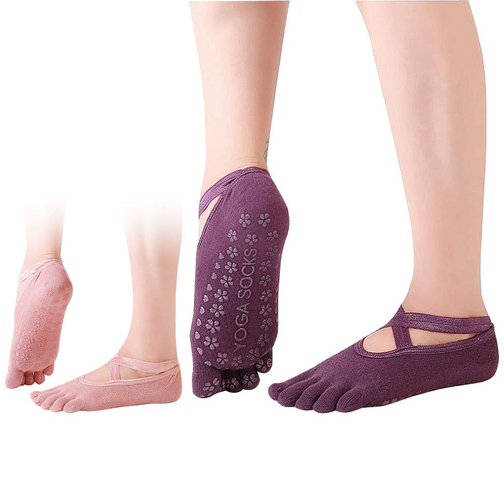 2 Pairs Pilates Socks Non Slip Skid Yoga Socks with Grips & Straps Full Toes for Women Cotton Gripper Socks for Pilates/ Barre/ Ballet/Dance/ Workout/Fitness/Martial Arts/Trampoline/Massage/Home Use