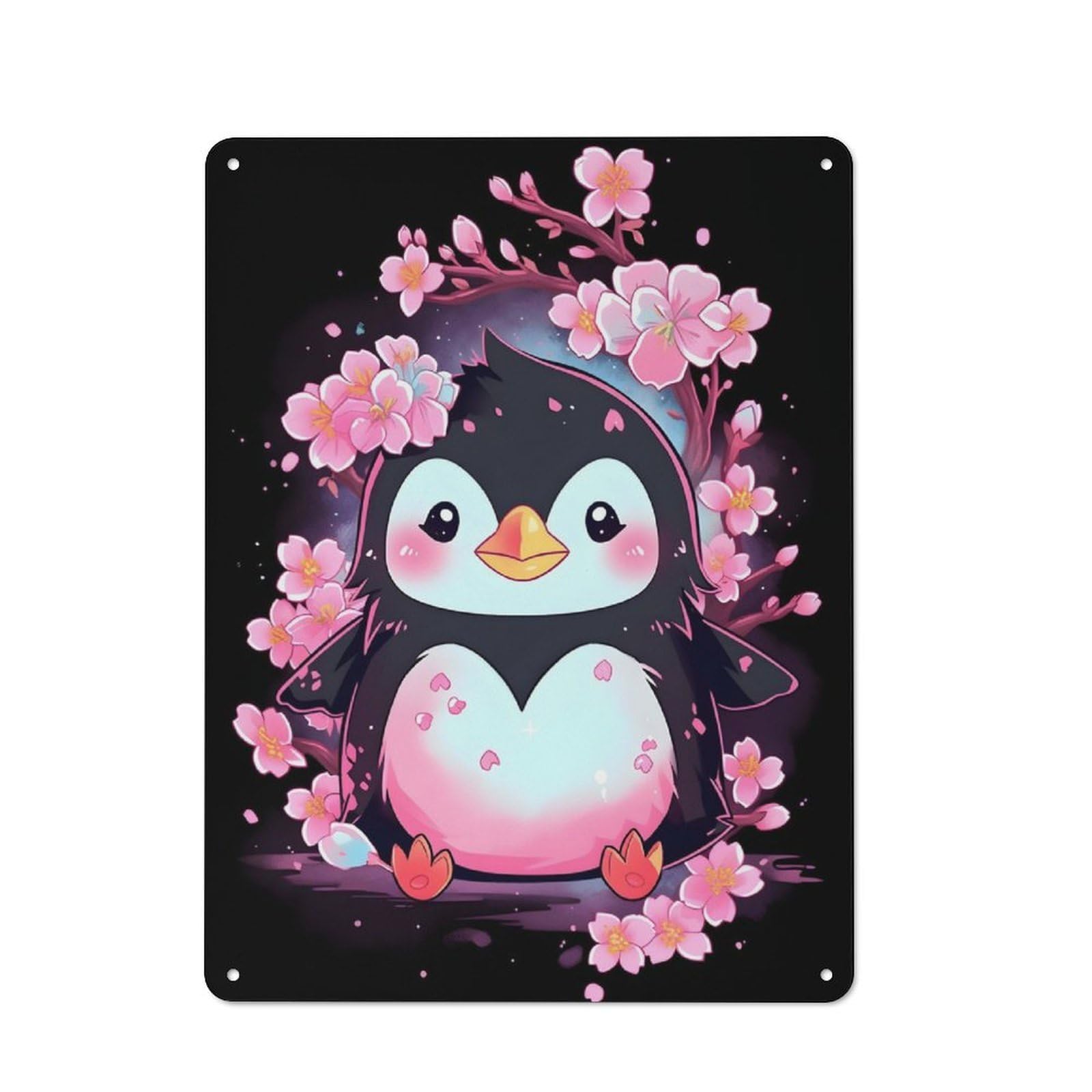 Junmoney Cute Floral Penguin Tin Wall Plaque With Design 40X30cm, Farmhouse Rustic Kitchen Decor For Dining Room, Cafe, Entryway Or Family Room