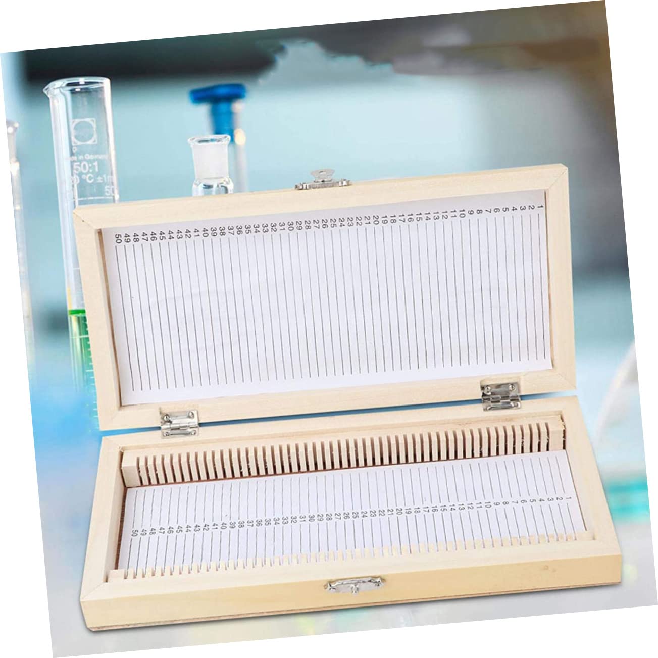 Amosfun Boîte Coulissante en Bois Compacte et Facile à Transporter Compartiments Numérotés pour 50 Lames de Microscope pour Collection de Spécimens