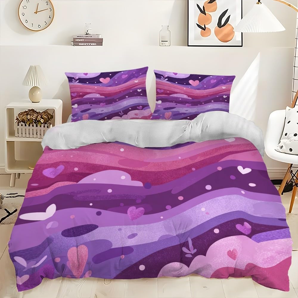 Pościel z nadrukiem 3D, 200 x 200 cm, oddychająca mikrofibra, romantyczne faliste linie, super miękka, hipoalergiczna poszewka na kołdrę, różowo-fioletowa, 3-częściowa pościel dla dzieci i młodzieży
