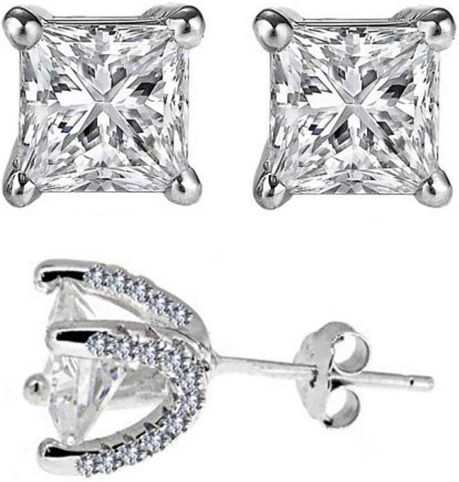 Wow Designer Inspired Sterling Silver 925 Earring 3 Carat Cubic Zirconia Princess Cut Stones Set