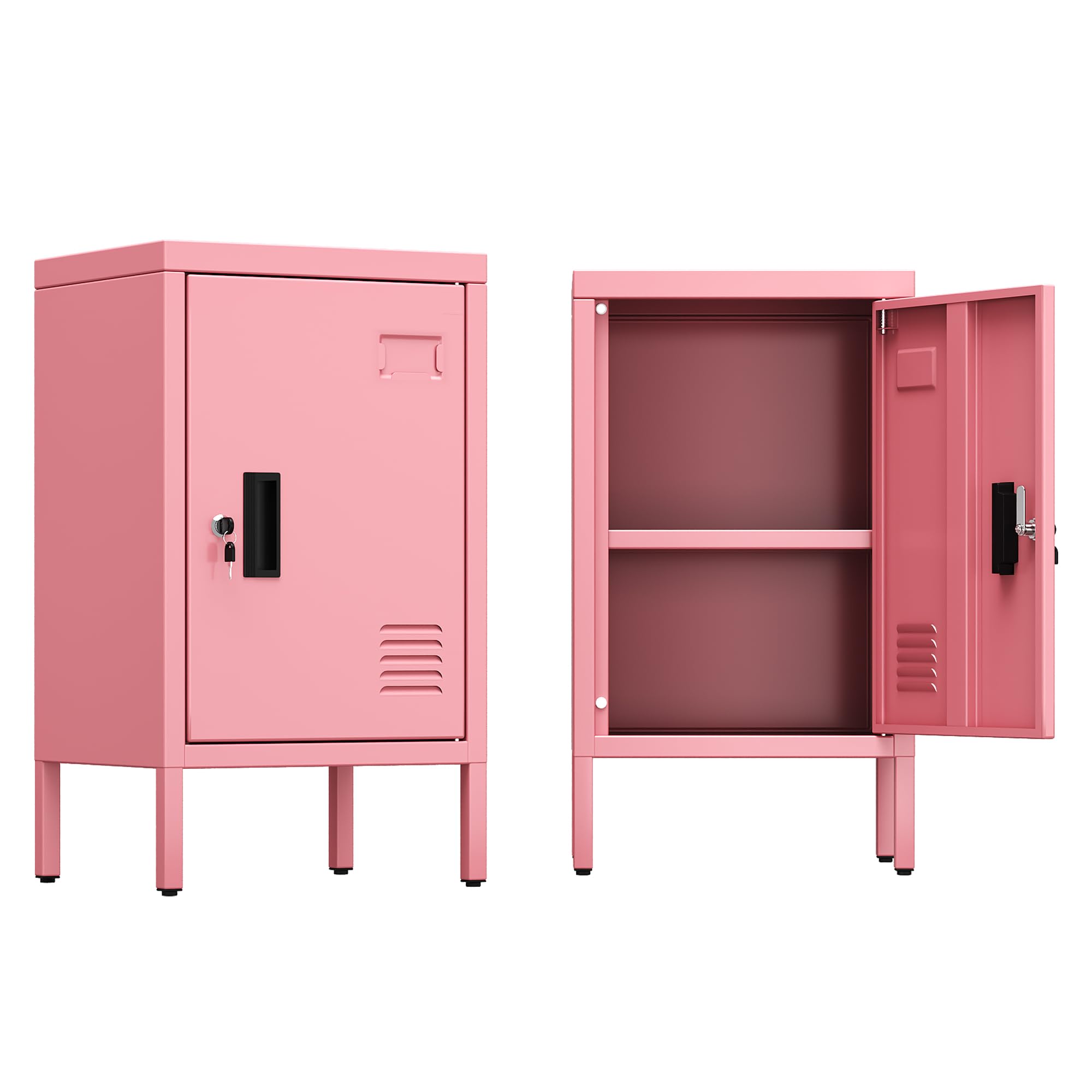 FlairVibe Small Metal Cabinet with Lock and Name Card Holder，Pink