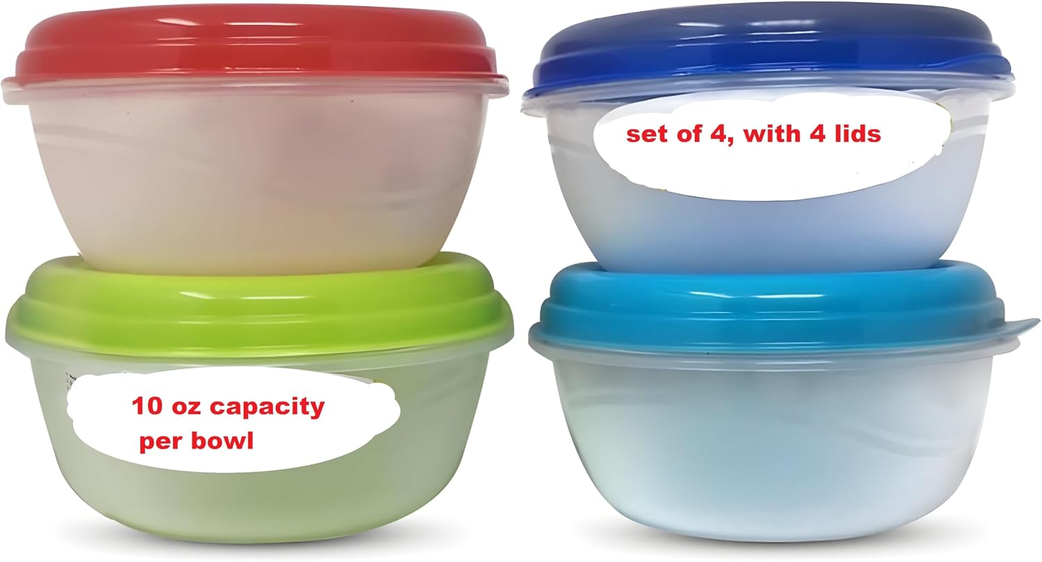 Bexter 4 Pack Plastic Microwave Soup Freezer Containers with Vented Lids, Reusable Food Storage Bowls for Meal Prep, Dishwasher Safe, Steam Vent Lids, 10 fl oz Capacity