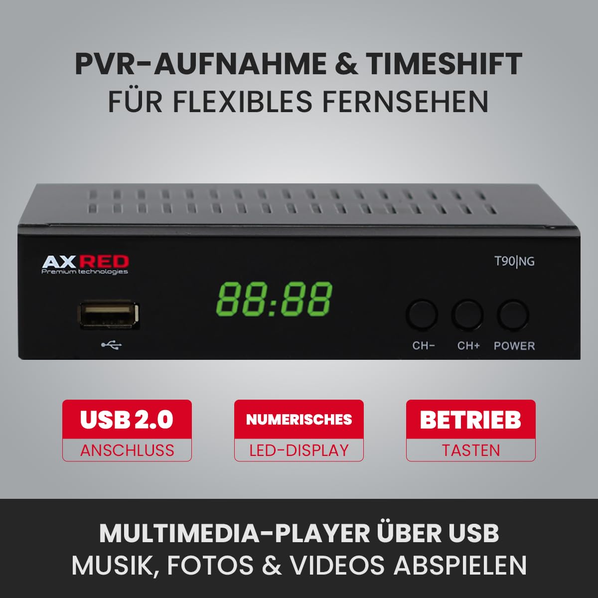 AXRED T90 HD DVB-T2 Receiver mit PVR Aufnahmefunktion, DVB-T & DVB-T2 Antennen, HDMI SCART USB