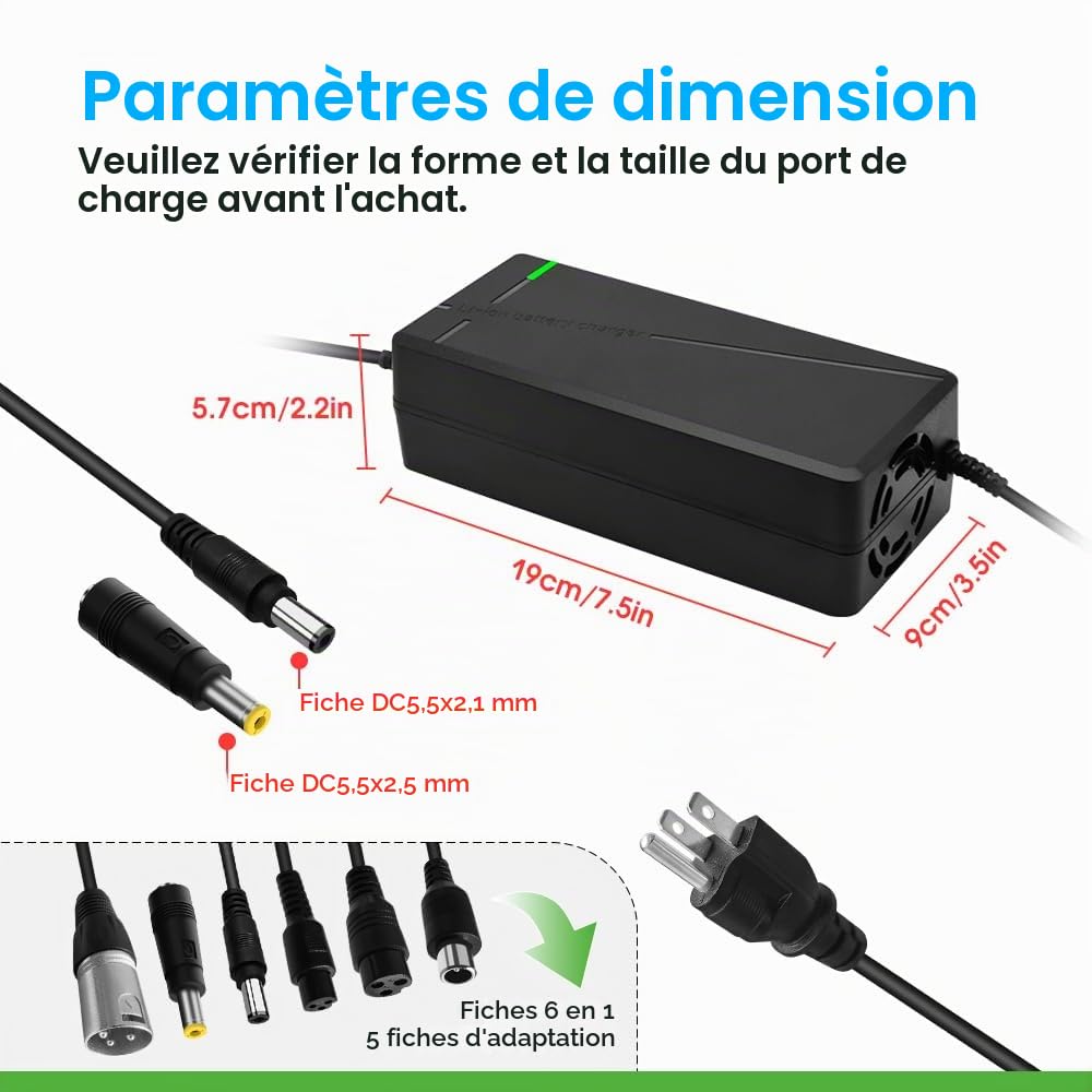 Chargeur 67,2 V 5 A avec prise 6 en 1 pour batterie au lithium 60 V telles que les batteries marines de voiture, camion, tondeuse à gazon, bateau (67,2 V 5 A (prise 6 en 1))