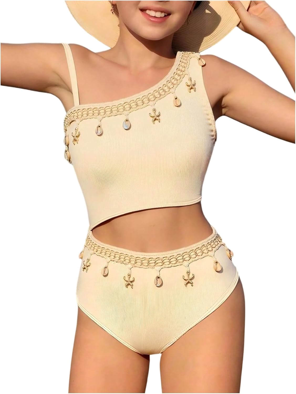 OYOANGLE Girl's One Piece Swimsuit Seashell Decor Asymmetrical Neck Cut Out Bathing Suits Monokini