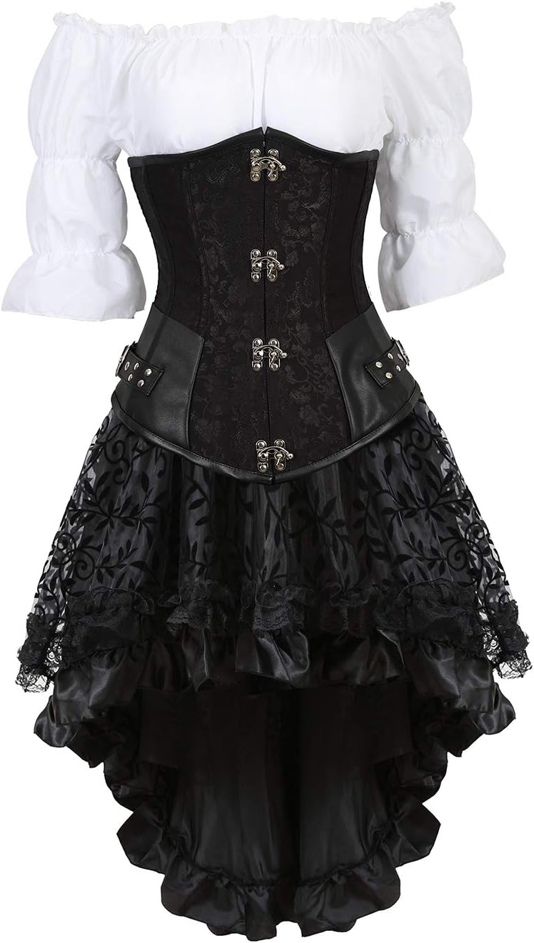 Grebrafan Steampunk Corsets Bustiers Skirt Blouse Set 3 piece Waist Cincher Corset Outfits for Women