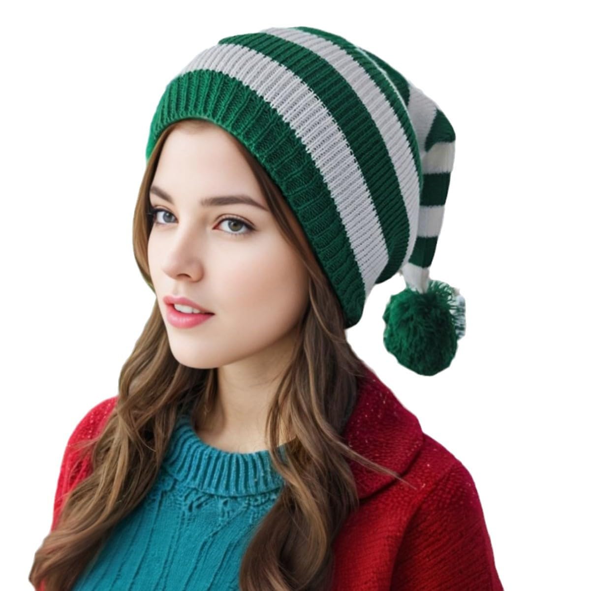 czapka, Czapka świąteczna dla dorosłych, dzianinowa, ciepła, w paski, damska, wygodna, imprezowa, zimowa(Green White)