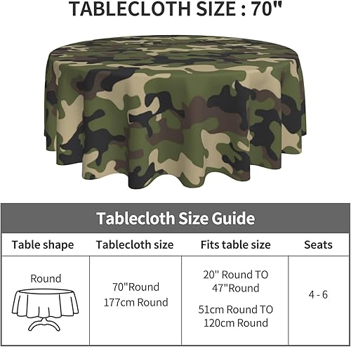 Miniatura 5 de Mantel de camuflaje militar de 70 x 70 pulgadas, mantel redondo de camuflaje verde militar, impermeable, de poliéster, redondo, camuflaje, manteles