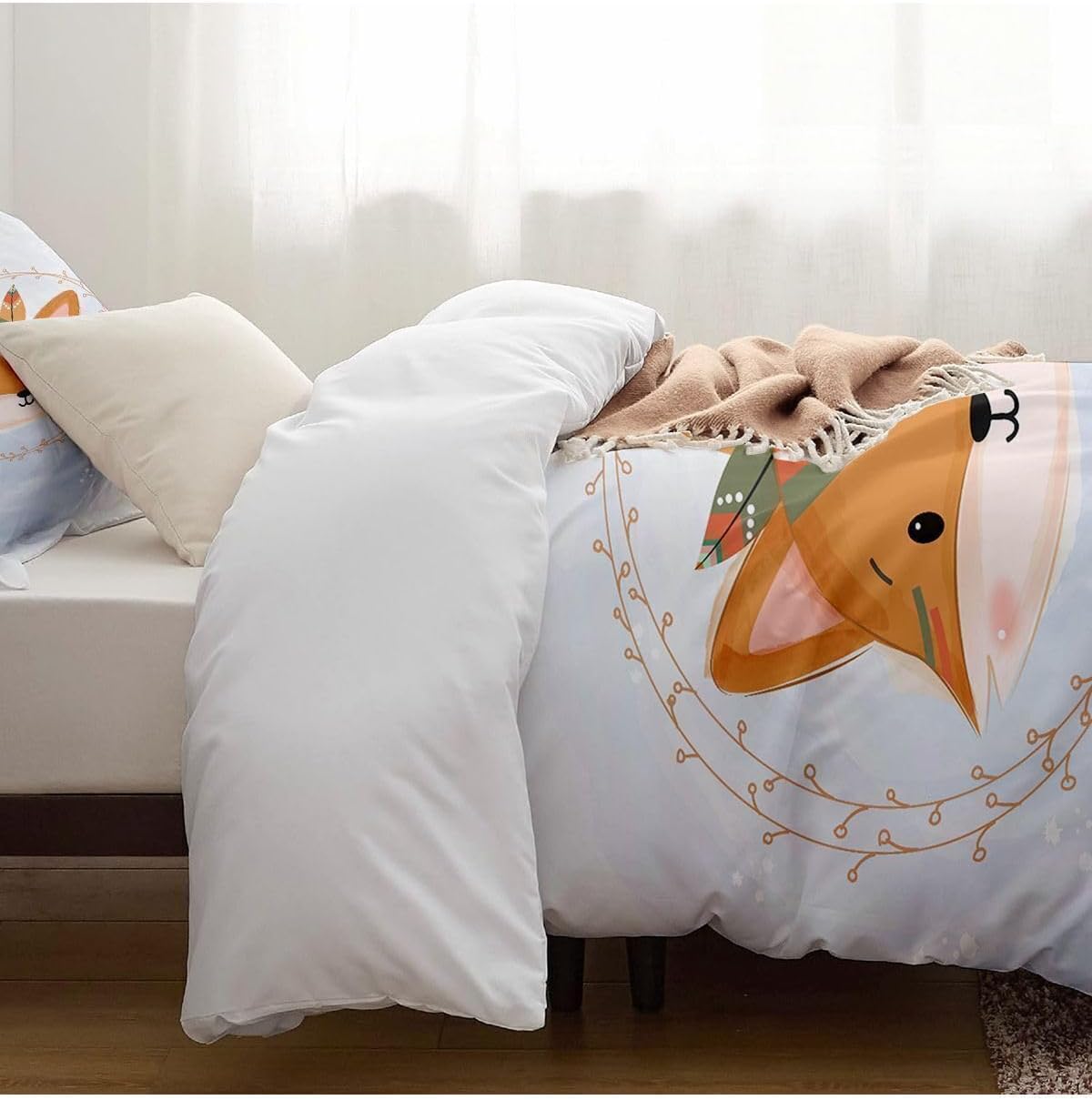 SODEF Duvet Cover Set Twin Size Red Indian Fox Design Cotton Sateen Fade Resistant for Kids Decor, 1 Piece - Design-25, One Size