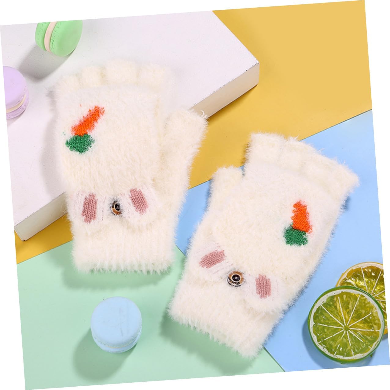 Thickened Half Finger Gloves with Cartoon Carrot Flip Cover, Warm Convertible Fingerless Mittens, White Winter Gloves for Outdoor Play