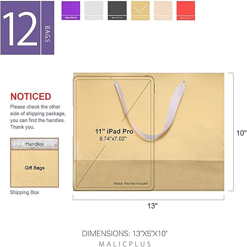 Miniatura 2 de MALICPLUS 12 bolsas de regalo grandes de 13 x 5 x 10 pulgadas, bolsas de regalo grandes de lujo con asas para todas las ocasiones (dorado con