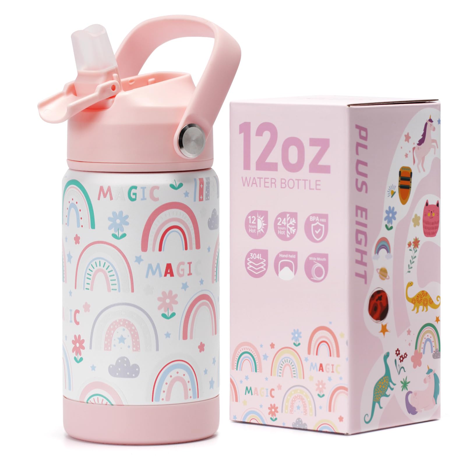 pluseight Kids Insulated Water Bottle with Straw Lid, 12 oz BPA-Free Double Wall Vacuum Tumbler 18/8 Stainless Steel Leak Proof Kids Cups with Straw for School Travel Boys Girls (Rainbow) — image 1