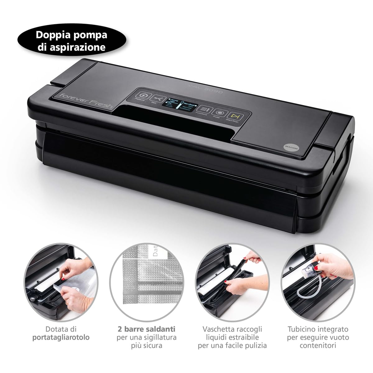 MACOM, Macchina Sottovuoto Professionale – Doppia Pompa di Aspirazione, 2 Barre Saldanti e Portarotolo Integrato, Struttura in Acciaio Brunito con Display LCD – Forever Fresh VAC8090