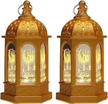 2 قطعة من زخرفة رمضان الفانوس ، فانوس شمعة رمضان ، مصباح LED عيد مبارك ، زخرفة رمضان الفانوس ، مصباح رمضان المعلق ، لتزيين الطاولة المنزلية لوازم الحفلات الإبداعية الذهب