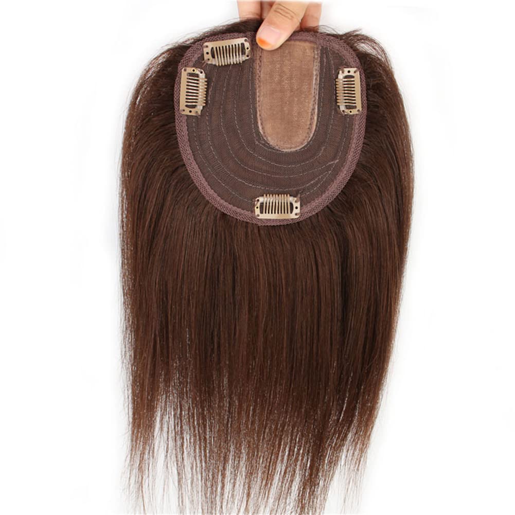 RemeeHi Crown Hair Toppers Clip on Top Hair Piece Human Hair Topper Hair Coverings for Women Left 30cm Chestnut brown