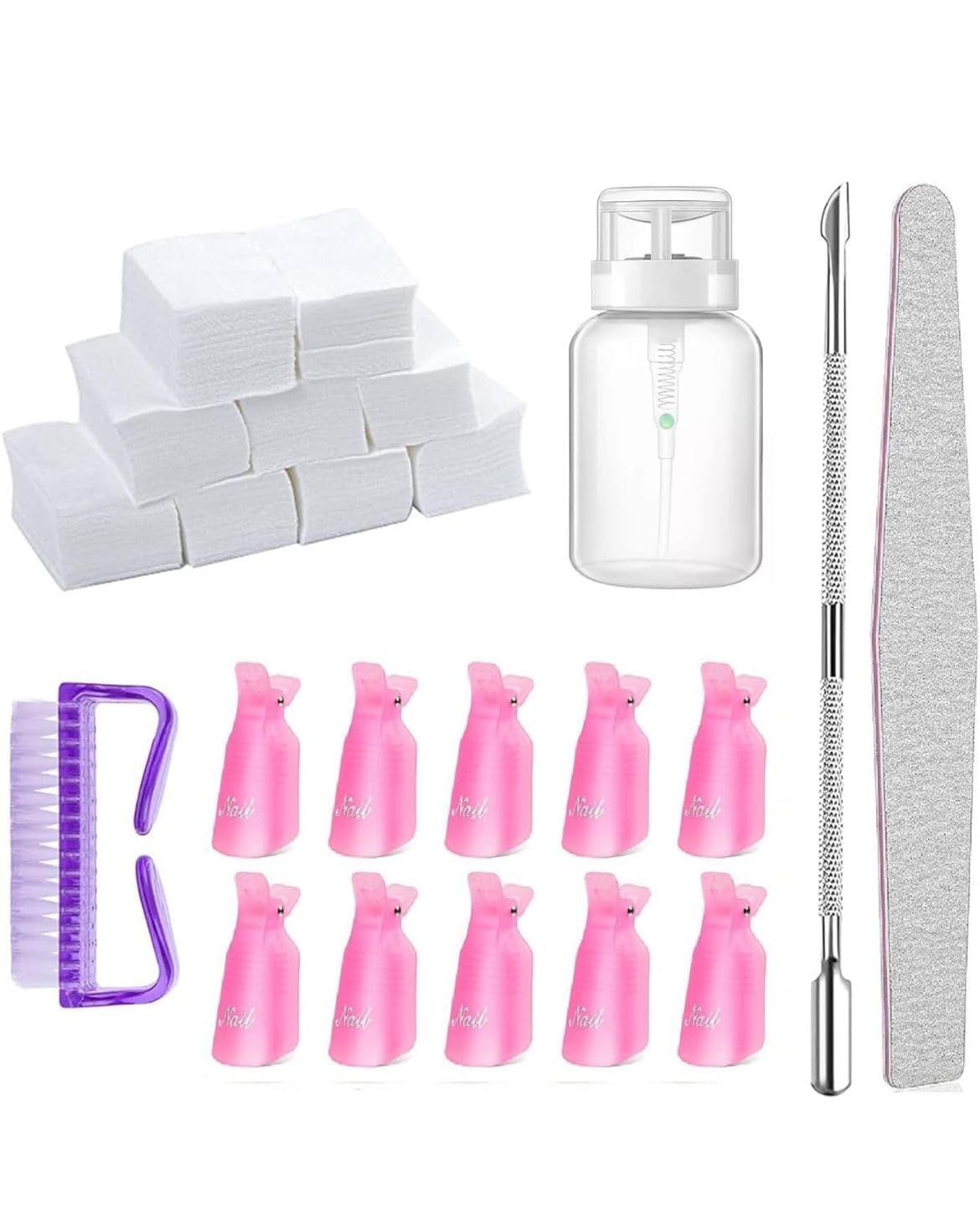 Nail Polish Gel Remover Tools Kit - 1000 Nail Remover Cotton Pad,10 Pcs Soak Off Cap Clip,1 Nail File,1 Pcs Press Bottle, Nail Brush, Cuticle Pusher Tools Kit-image-49