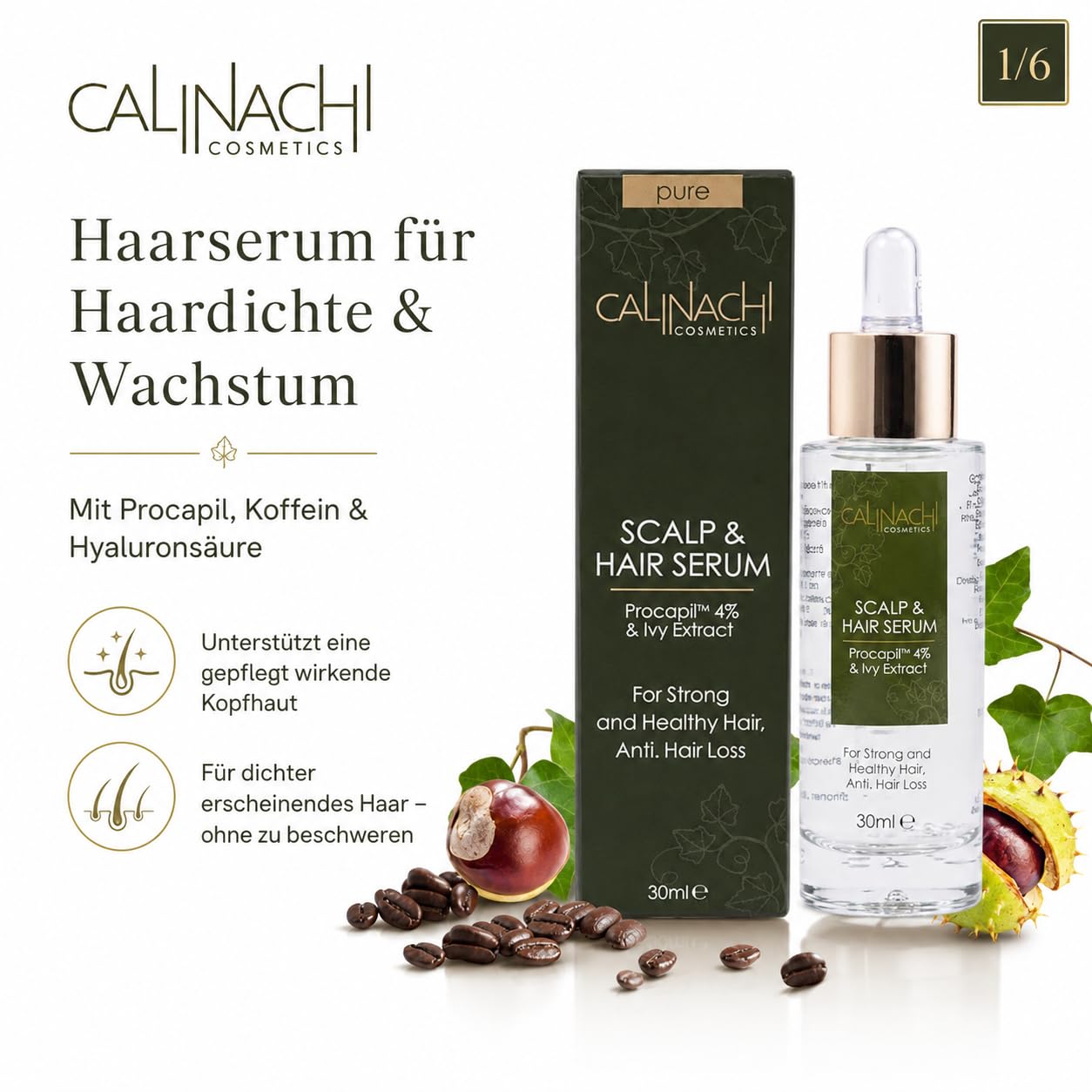 CALINACHI Haarserum für Haardichte & Wachstum 30 ml | gegen Haarausfall - Procapil, Koffein, Hyaluronsäure | Ivy- & Rosskastanien-Extrakt, Vitamine A/E/F | Kopfhautpflege, leicht & nicht fettend