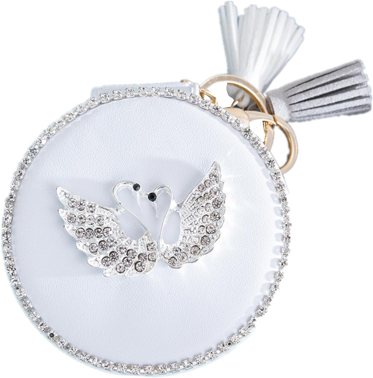 TANG SONG Swan Pattern Cosmetic Makeup Mirror Leather Mirror Whit Keychain (White)