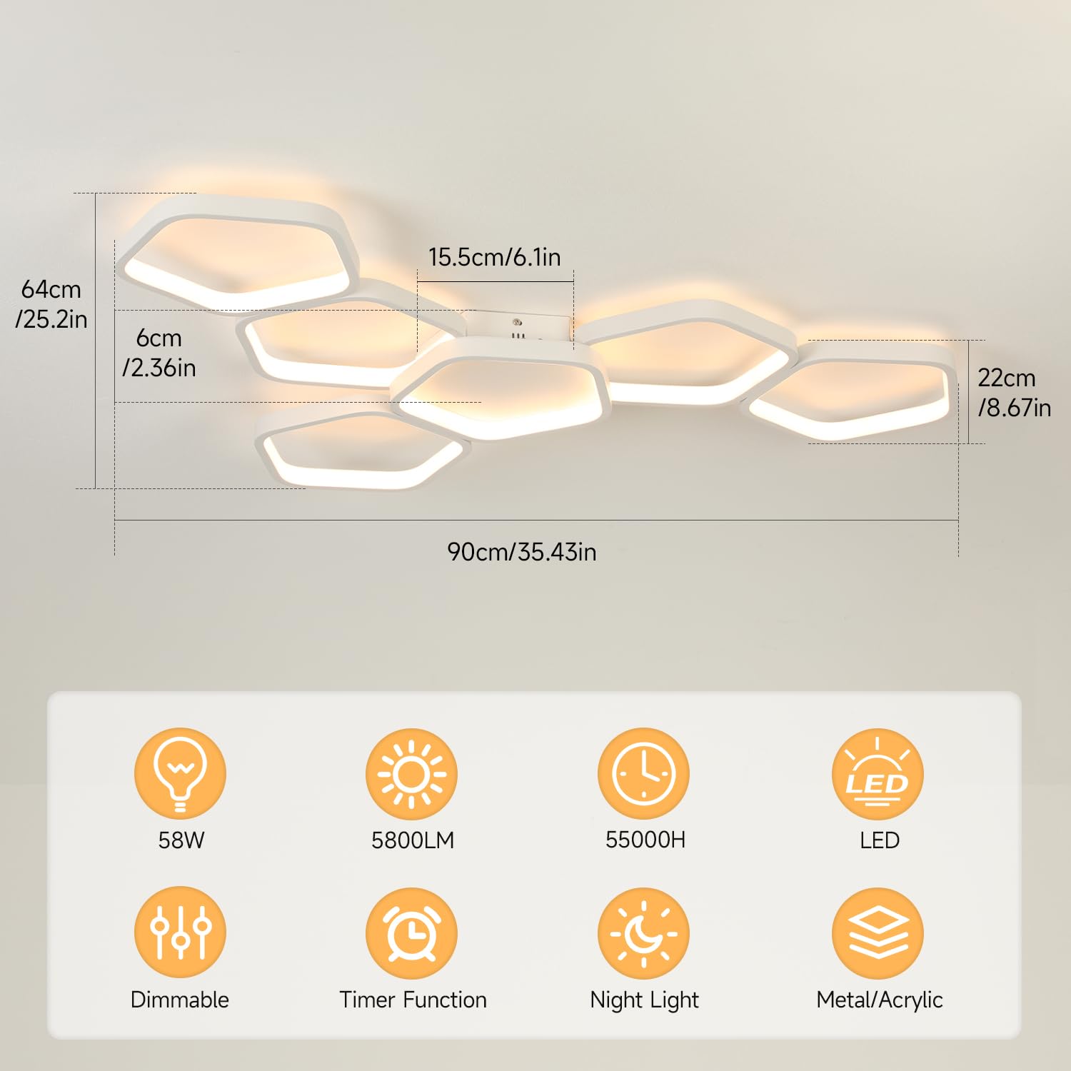 Plafonnier LED Moderne, 58W 3000K-6500K Lampe de Plafond Dimmable, 5 Anneaux Design Chambre Eclairage Luminaire Plafonnier avec Telecommande APP pour Salon Bureau Cuisine Couloir