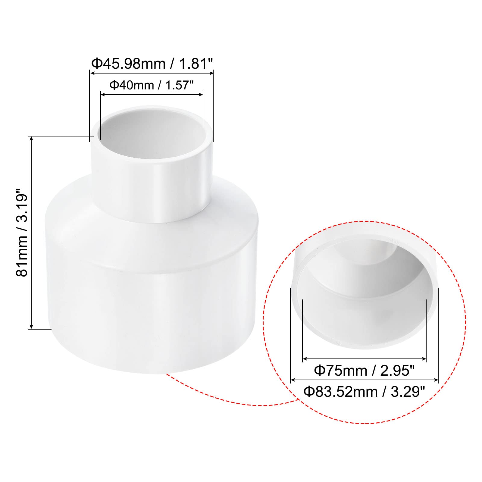 PATIKIL PVC Reducer Pipe Fitting 75mm to 40mm ID, 2 Pack Straight Coupling Adapter Connector, White - Image 2