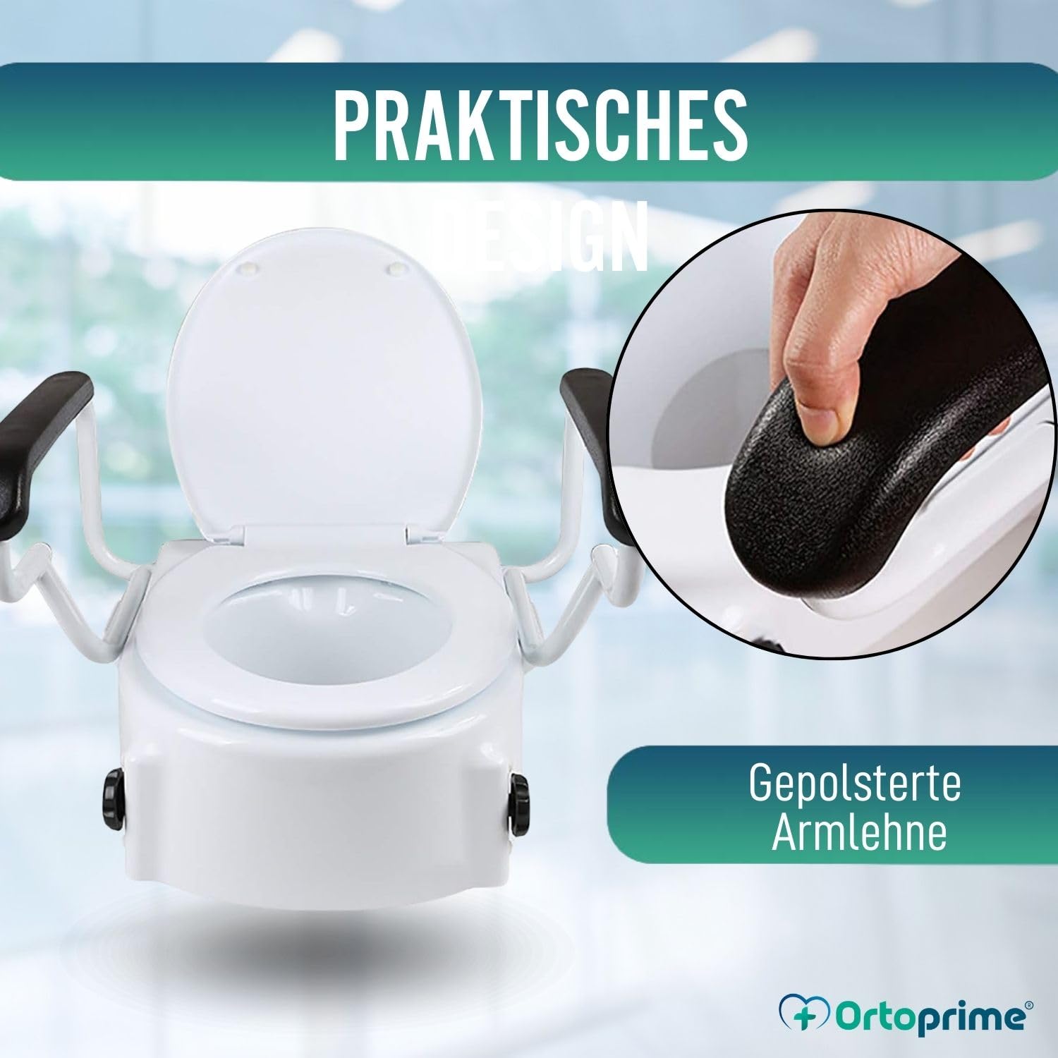 OrtoPrime Toillettensitzerhöhung mit Armlehnen - Höhenverstellbar 5, 10 und 15 cm - WC Sitz Erhöhung mit Absenkbarer Abdeckung - Toillettenaufsatz für Senioren - Sitzhilfe WC