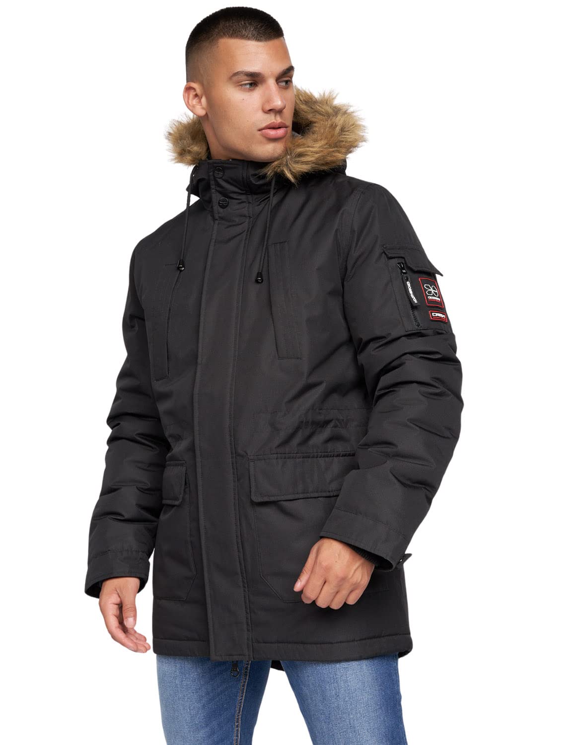 Crosshatch Mens Waterproof Parka Shower Resistant Padded Fur Hood Winter Coat Jacket by JeanBase Black S