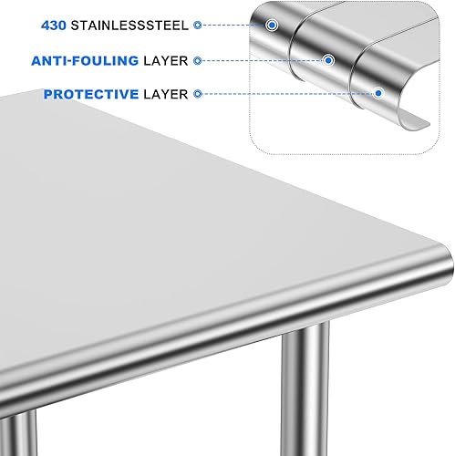 Miniatura 4 de Mesa de acero inoxidable para preparación y trabajo, 24 x 48 pulgadas, mesa comercial de metal NSF resistente con estante inferior ajustable y pie