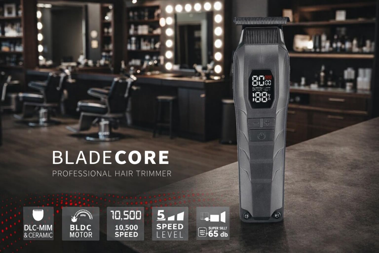 Rotschopf24 Efalock BLADECORE Konturenschneider + Tasche. Profi Trimmer für Konturen & Bart | Haarschneider mit Keramik- & DLC-Klinge | Bürstenlos | Akku + Netz | LED Display. Konturenhaarschneider.