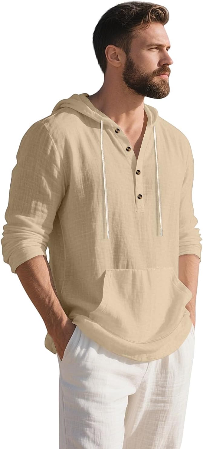 Men's Linen Hoodie Lightweight Hawaiian Shirt Casual Beach Shirt with Pockets - Image 2